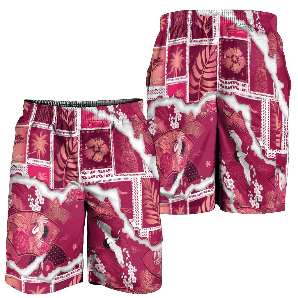 Hawaii Japanese Culture Pink Shorts for Men Spring Cranes Aloha Pattern