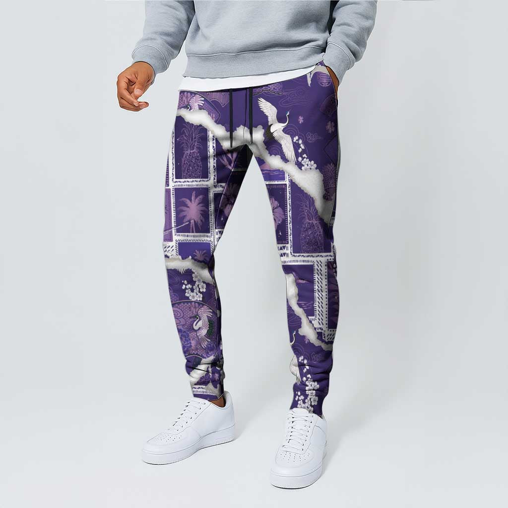 Hawaii Japanese Culture Purple Jogger Pants Spring Cranes Aloha Pattern