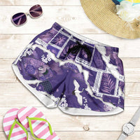 Hawaii Japanese Culture Purple Shorts for Women Spring Cranes Aloha Pattern