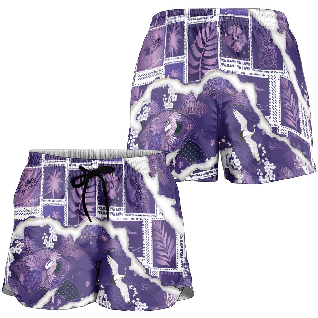 Hawaii Japanese Culture Purple Shorts for Women Spring Cranes Aloha Pattern