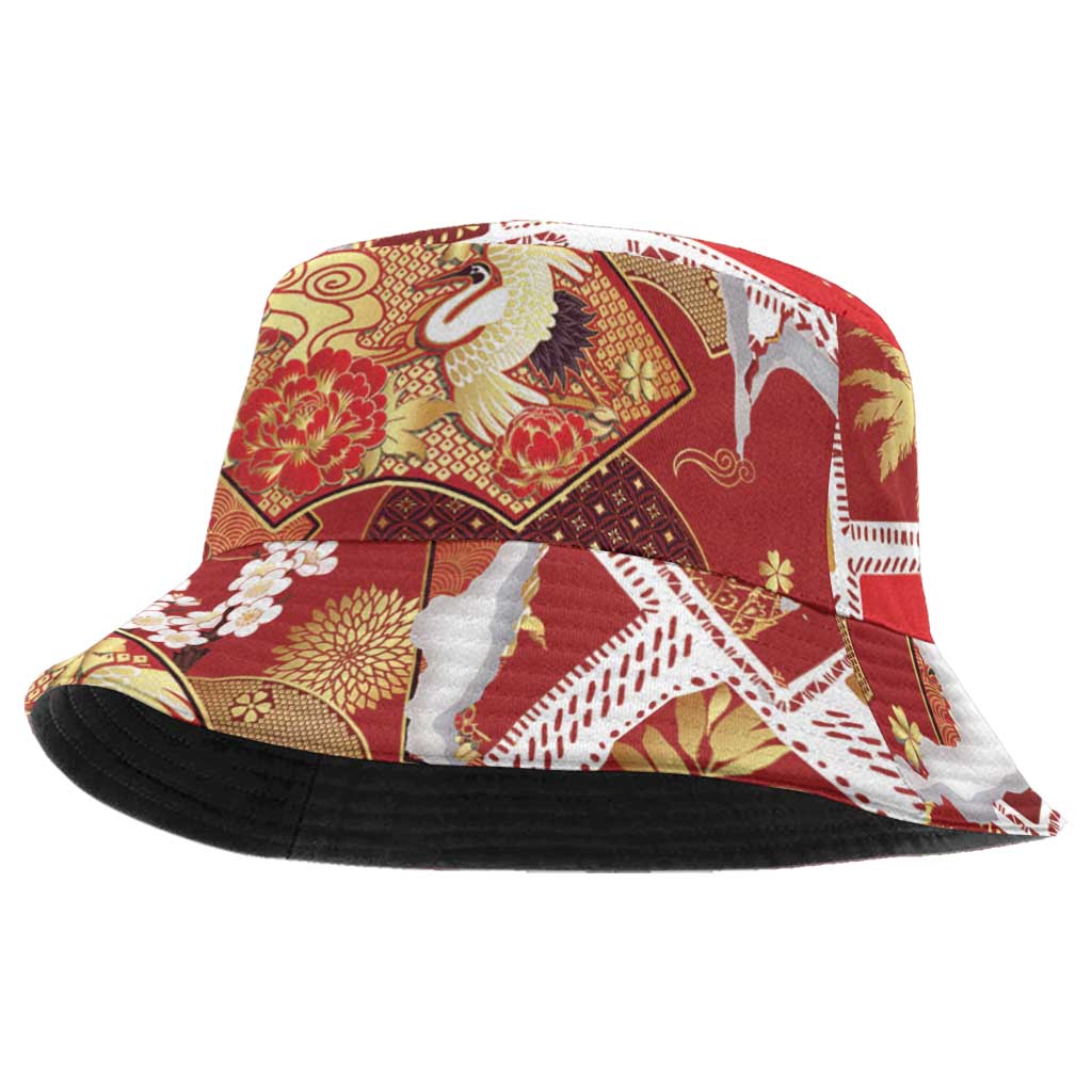 Hawaii Japanese Culture Red Bucket Hat Spring Cranes Aloha Pattern