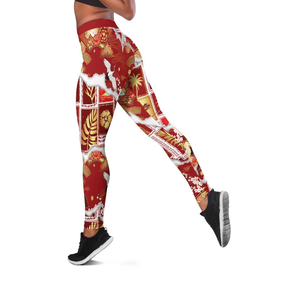 Hawaii Japanese Culture Red Leggings Spring Cranes Aloha Pattern