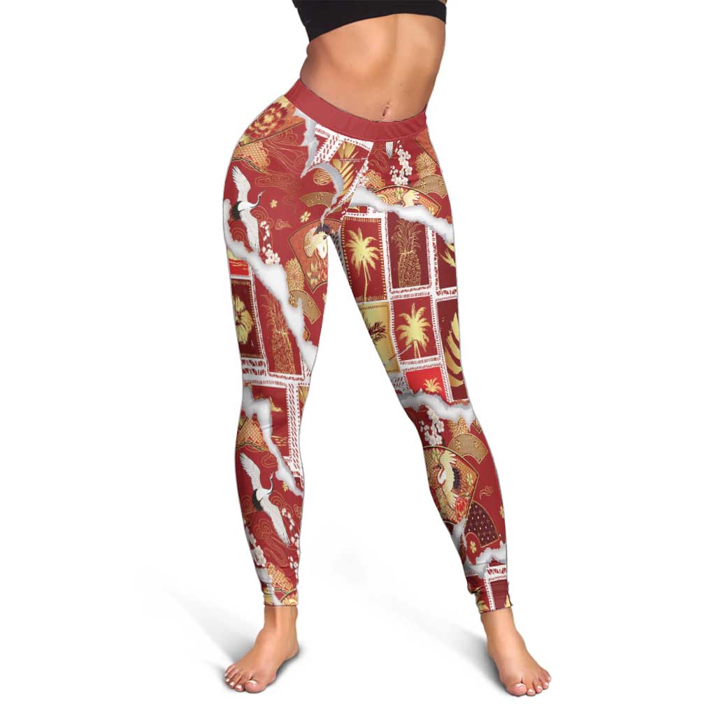 Hawaii Japanese Culture Red Leggings Spring Cranes Aloha Pattern