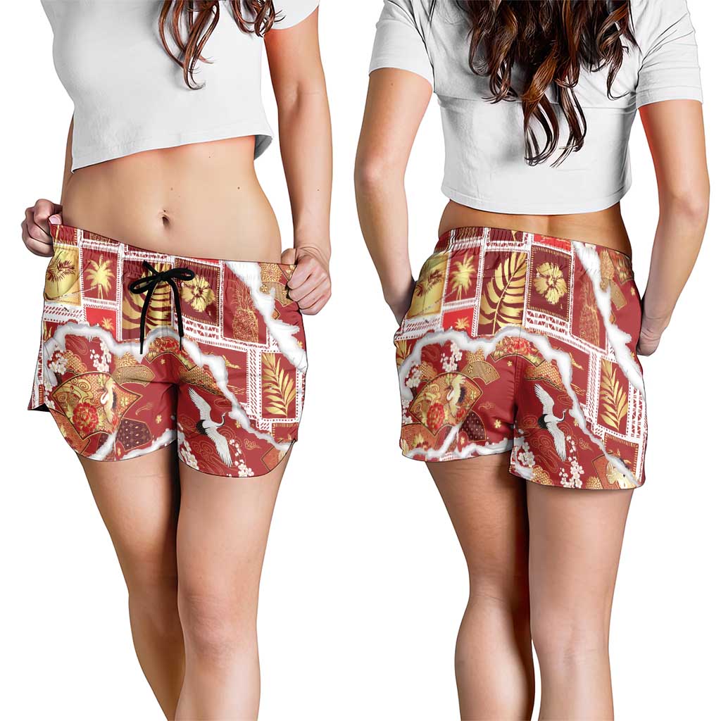 Hawaii Japanese Culture Red Shorts for Women Spring Cranes Aloha Pattern