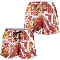 Hawaii Japanese Culture Red Shorts for Women Spring Cranes Aloha Pattern
