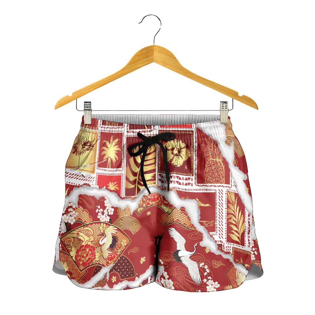 Hawaii Japanese Culture Red Shorts for Women Spring Cranes Aloha Pattern