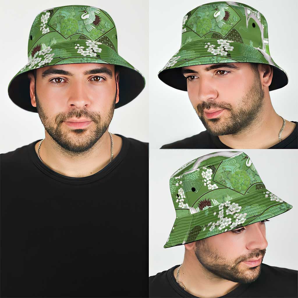 Hawaii Japanese Culture Sage Green Bucket Hat Spring Cranes Aloha Pattern