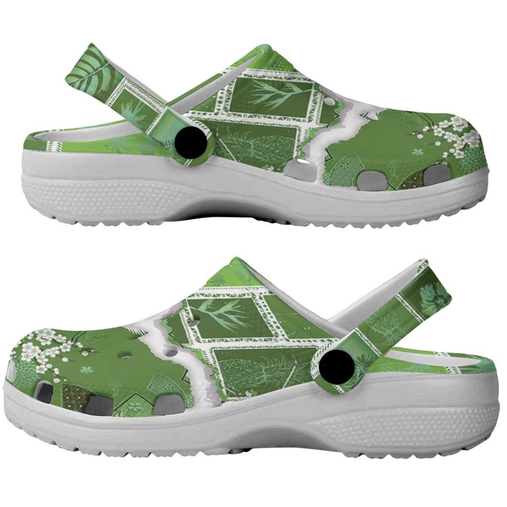 Hawaii Japanese Culture Sage Green Clogs Shoes Spring Cranes Aloha Pattern