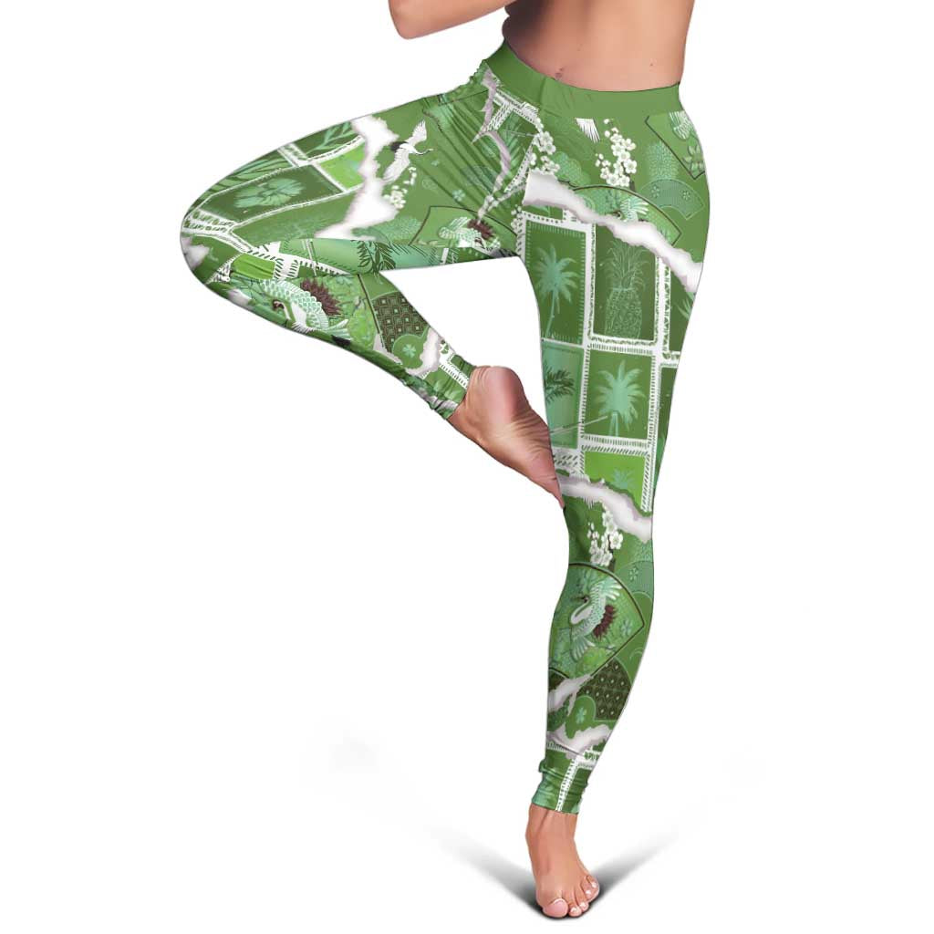 Hawaii Japanese Culture Sage Green Leggings Spring Cranes Aloha Pattern
