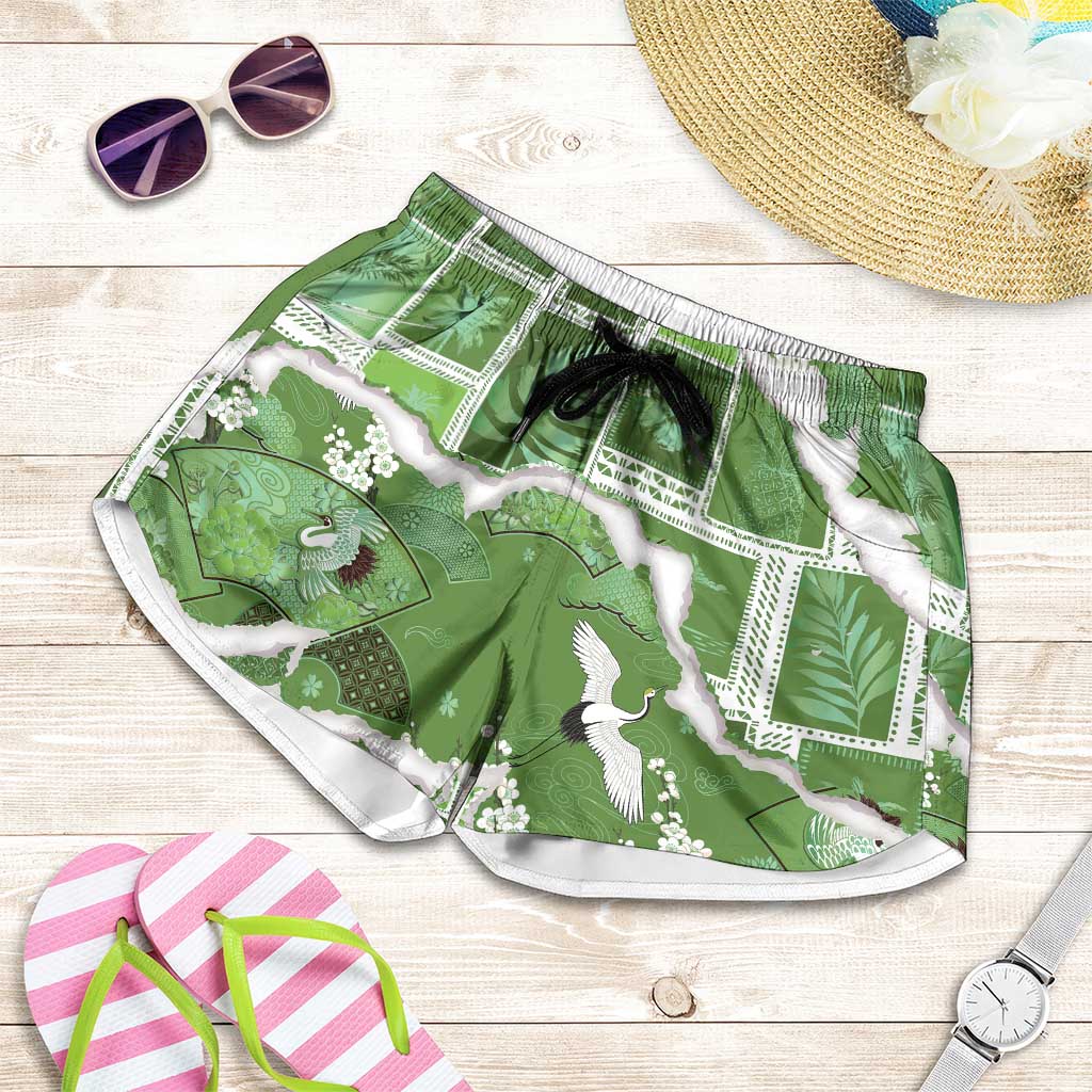 Hawaii Japanese Culture Sage Green Shorts for Women Spring Cranes Aloha Pattern