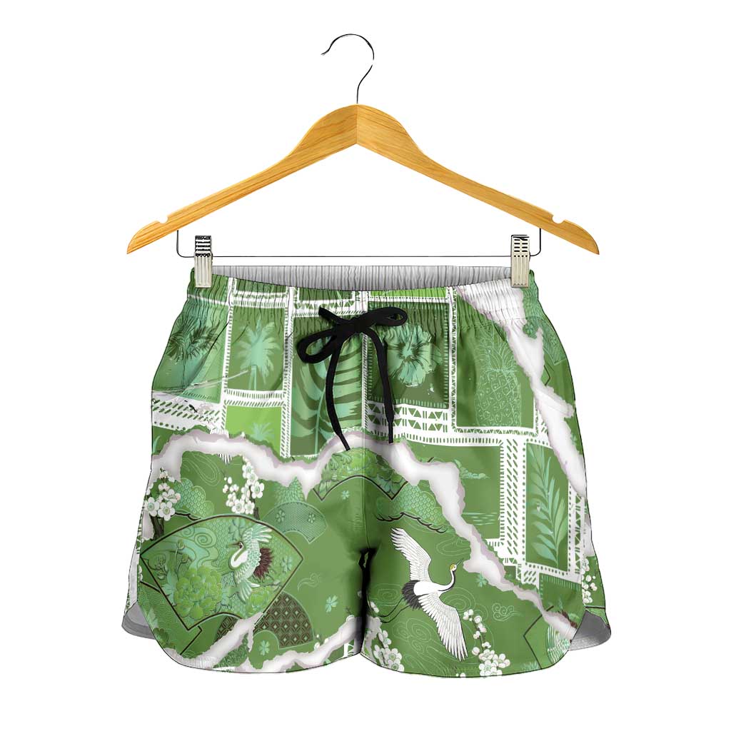 Hawaii Japanese Culture Sage Green Shorts for Women Spring Cranes Aloha Pattern