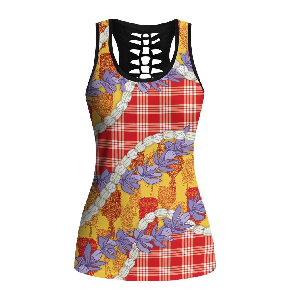 Hawaii Kahili Palaka Motifs Hollow Tank Top Hawaiian Honohono Pikake Lei