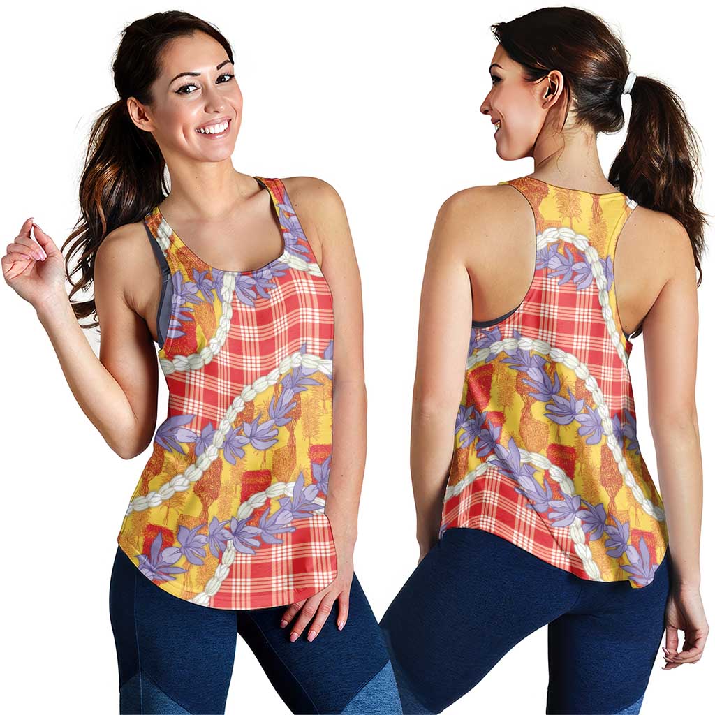 Hawaii Kahili Palaka Motifs Women Racerback Tank Hawaiian Honohono Pikake Lei