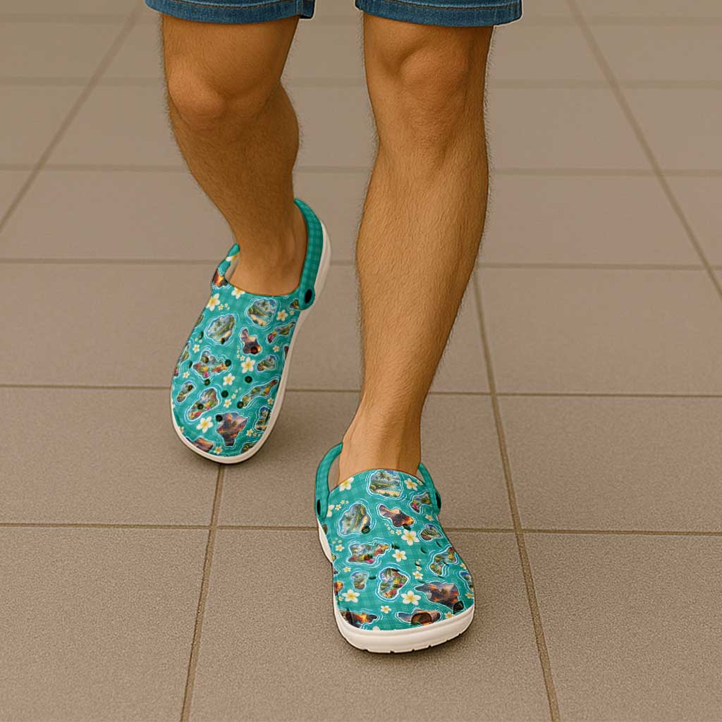 Hawaii Map with Plumeria Flower and Palaka Pattern Clogs Shoes Tropical Island Teal Design