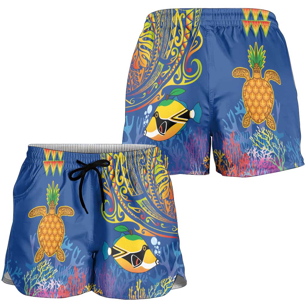 Hawaii Ocean Shorts for Women Pineapple Turtle and Mango Reef Triggerfish and Kakau Tattoo LT03 - Polynesian Pride