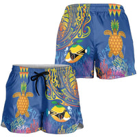 Hawaii Ocean Shorts for Women Pineapple Turtle and Mango Reef Triggerfish and Kakau Tattoo LT03 - Polynesian Pride