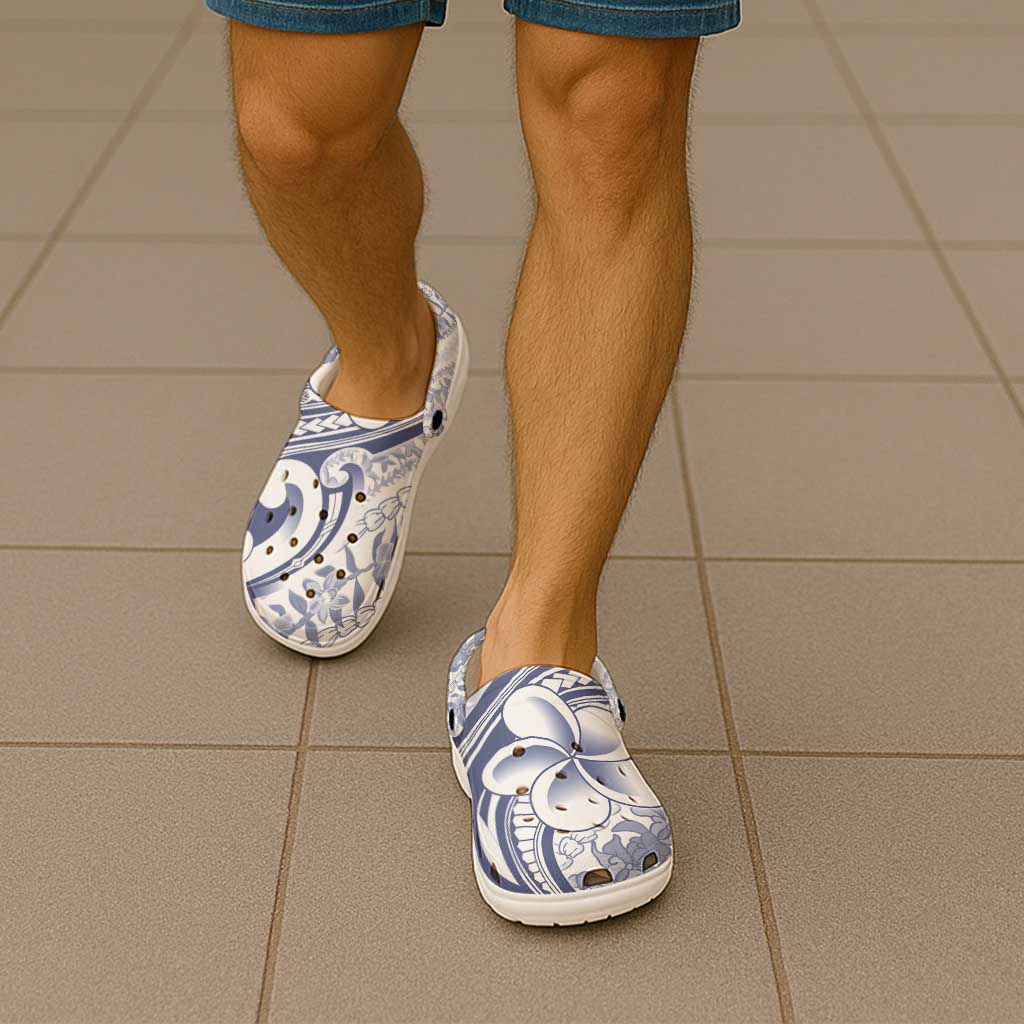 Hawaii Plumeria Lokelani Pikake Lei Clogs Shoes Navy Blue Polynesian Tattoo