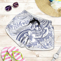 Hawaii Plumeria Lokelani Pikake Lei Shorts for Women Navy Blue Polynesian Tattoo