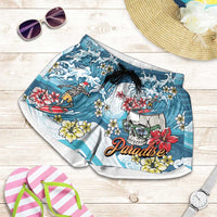 Hawaii Santa Skeleton Surfing Shorts for Women Mele Kalikimaka i Iulai! LT9 Blue - Polynesian Pride