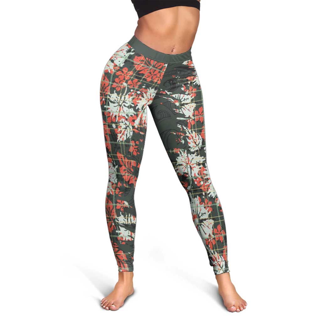 Hawaii Tartan With Hibiscus Leggings Polynesian Pattern Vintage