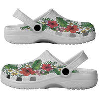 Hawaii Tropical Flowers and Leaves Clogs Shoes Tapa Pattern White Mode