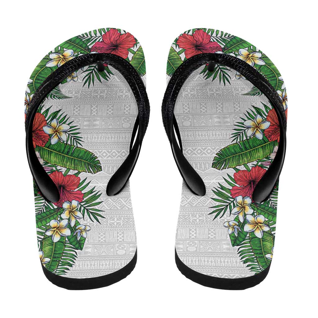 Hawaii Tropical Flowers and Leaves Flip Flops Tapa Pattern White Mode