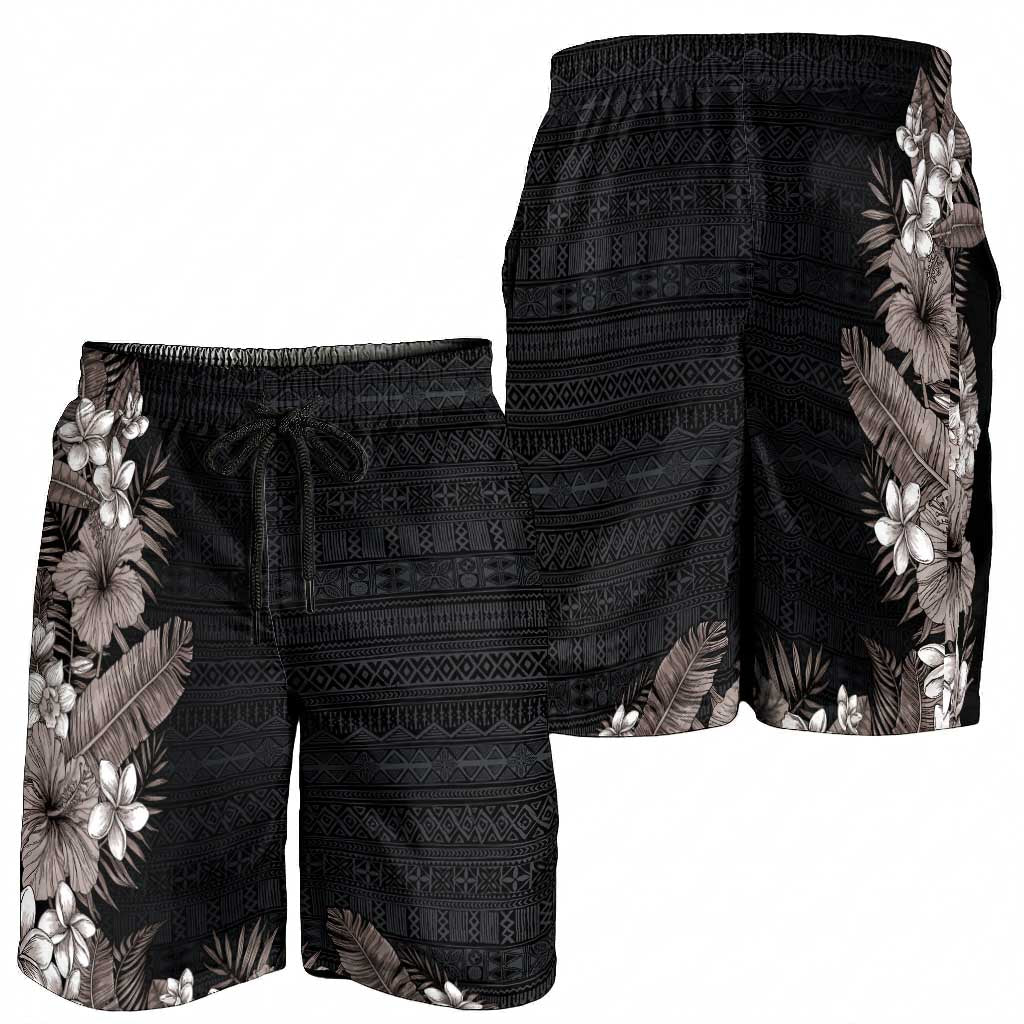 Hawaii Tropical Flowers and Leaves Shorts for Men Tapa Pattern Grayscale Mode