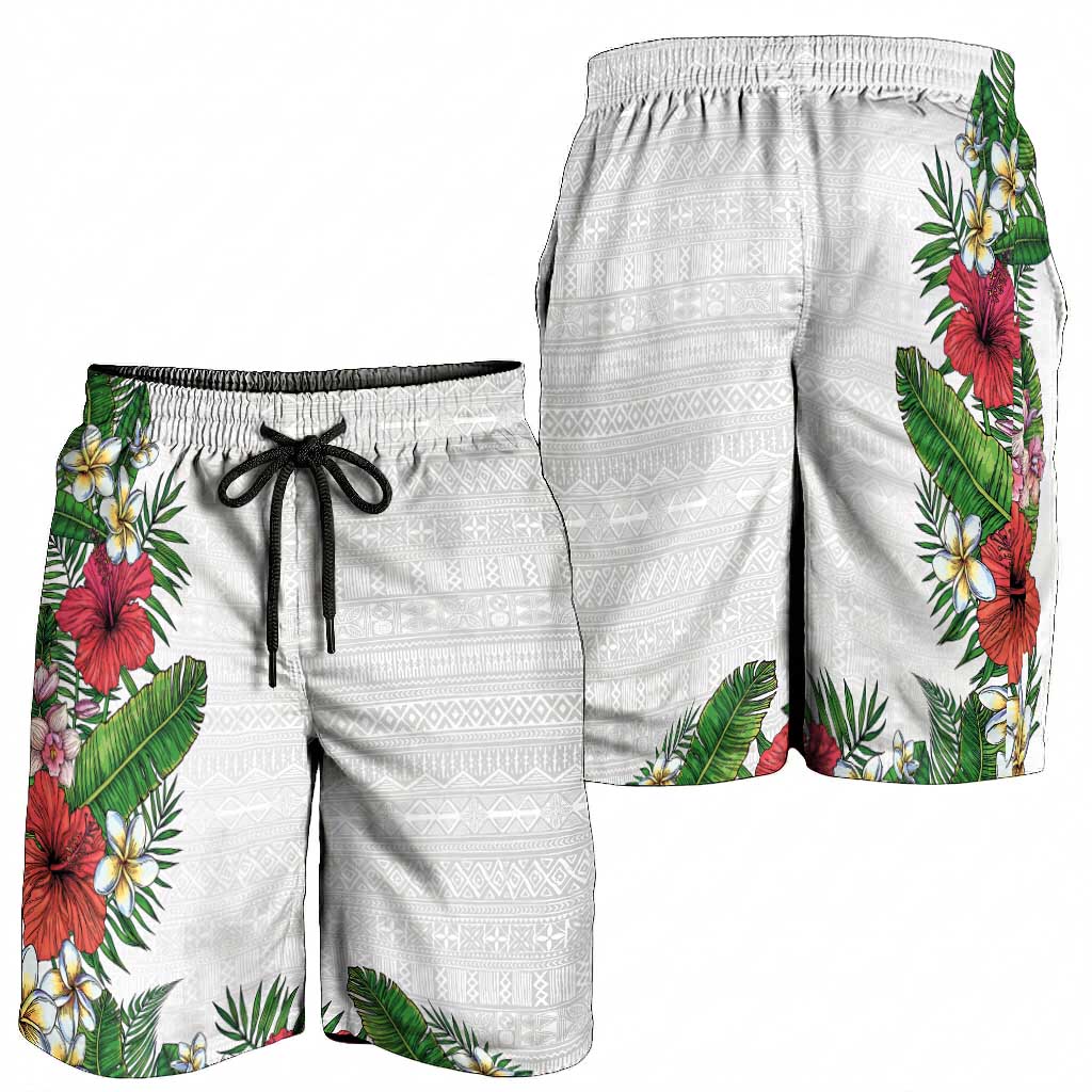 Hawaii Tropical Flowers and Leaves Shorts for Men Tapa Pattern White Mode