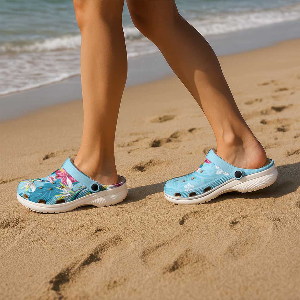 Hawaii Tropical Flowers Clogs Shoes Polynesian Tattoo Sky Blue
