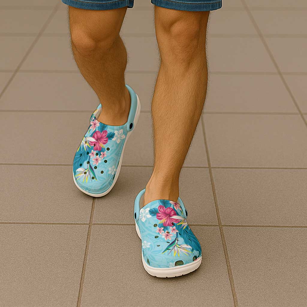 Hawaii Tropical Flowers Clogs Shoes Polynesian Tattoo Sky Blue