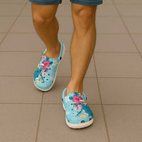 Hawaii Tropical Flowers Clogs Shoes Polynesian Tattoo Sky Blue