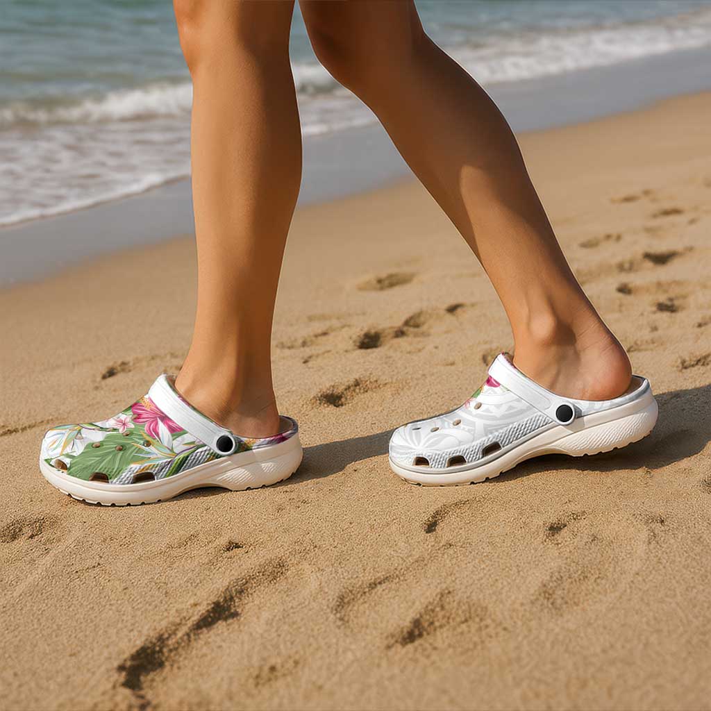 Hawaii Tropical Flowers Clogs Shoes Polynesian Tattoo White