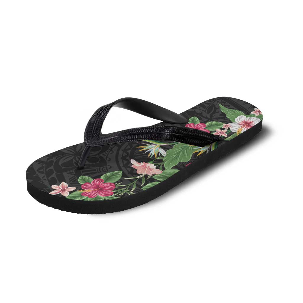 Hawaii Tropical Flowers Flip Flops Polynesian Tattoo Black