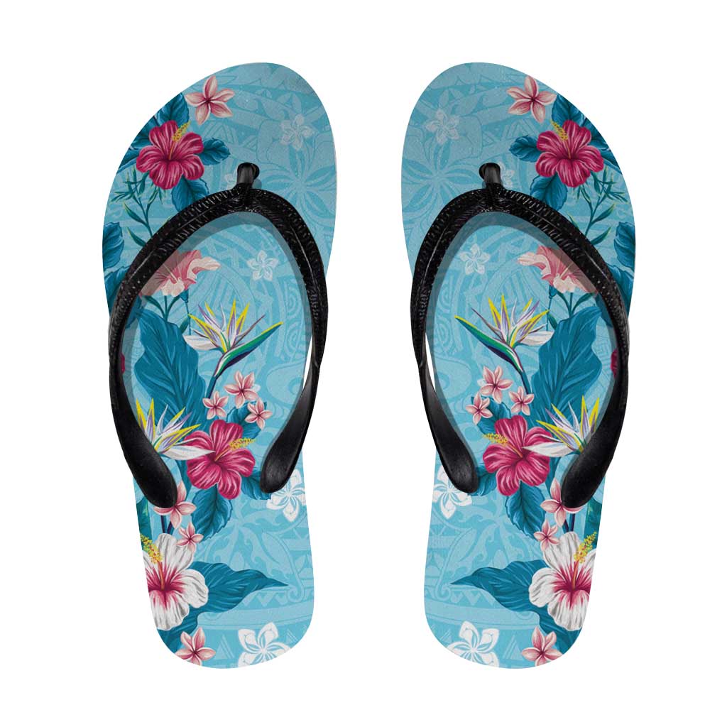 Hawaii Tropical Flowers Flip Flops Polynesian Tattoo Sky Blue