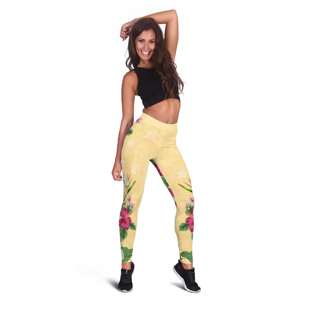 Hawaii Tropical Flowers Leggings Polynesian Tattoo Buttermilk