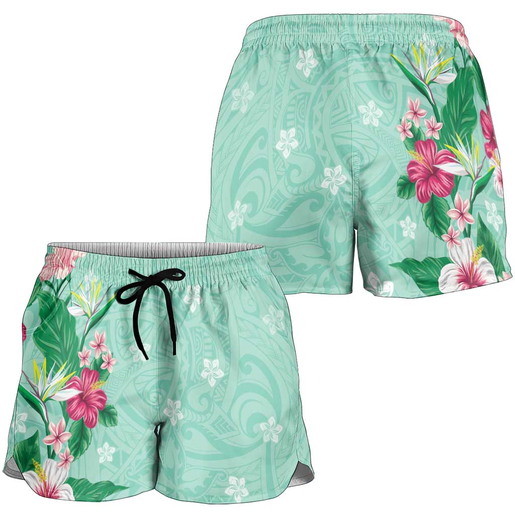 Hawaii Tropical Flowers Shorts for Women Polynesian Tattoo Mint Green