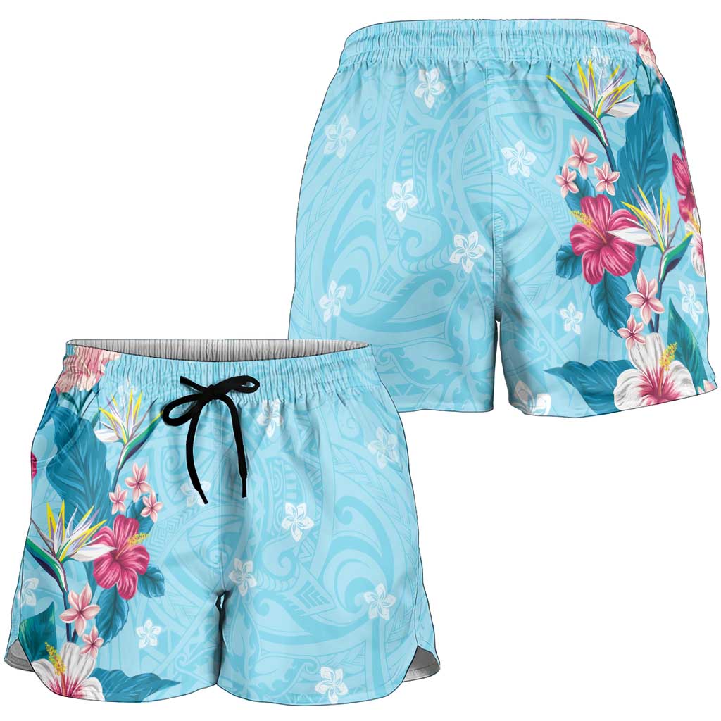 Hawaii Tropical Flowers Shorts for Women Polynesian Tattoo Sky Blue