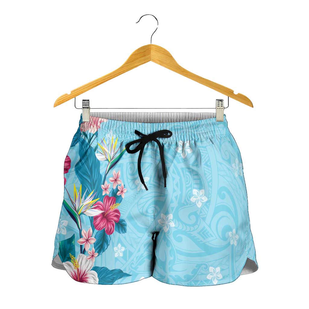 Hawaii Tropical Flowers Shorts for Women Polynesian Tattoo Sky Blue