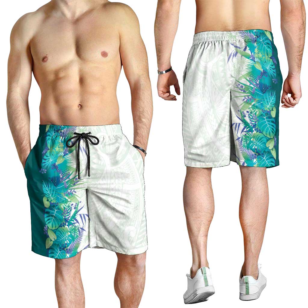 Hawaii Tropical Plant Teal Shorts for Men Vibrant Polynesian Pattern