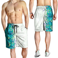 Hawaii Tropical Plant Teal Shorts for Men Vibrant Polynesian Pattern