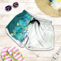 Hawaii Tropical Plant Teal Shorts for Women Vibrant Polynesian Pattern
