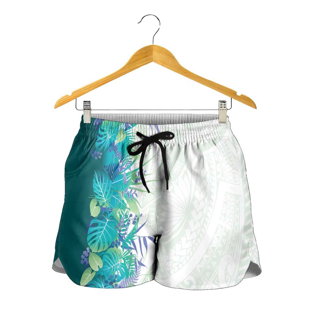 Hawaii Tropical Plant Teal Shorts for Women Vibrant Polynesian Pattern