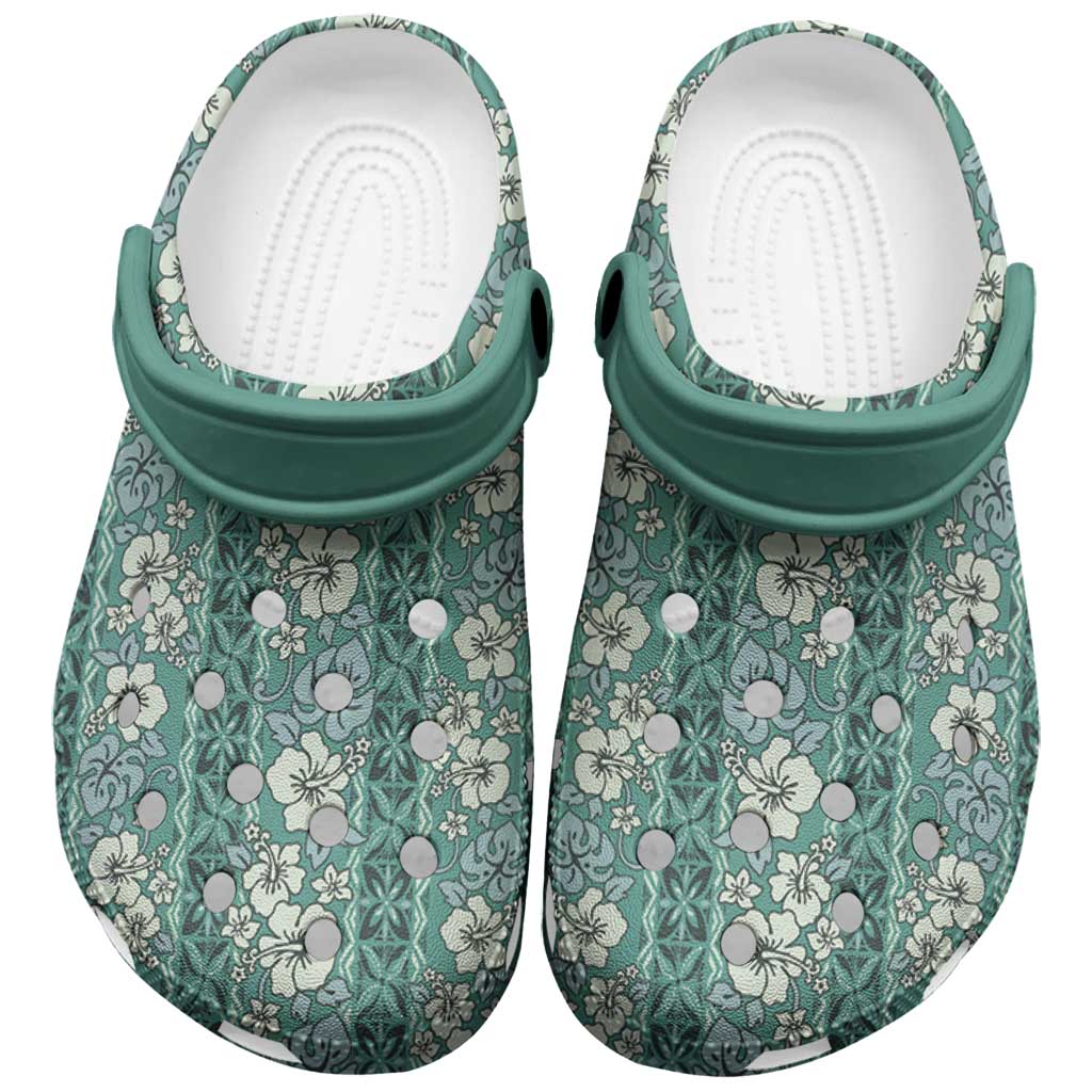 Hawaii Vintage Green Hibiscus Tapa Pattern Clogs Shoes - Polynesian Pride