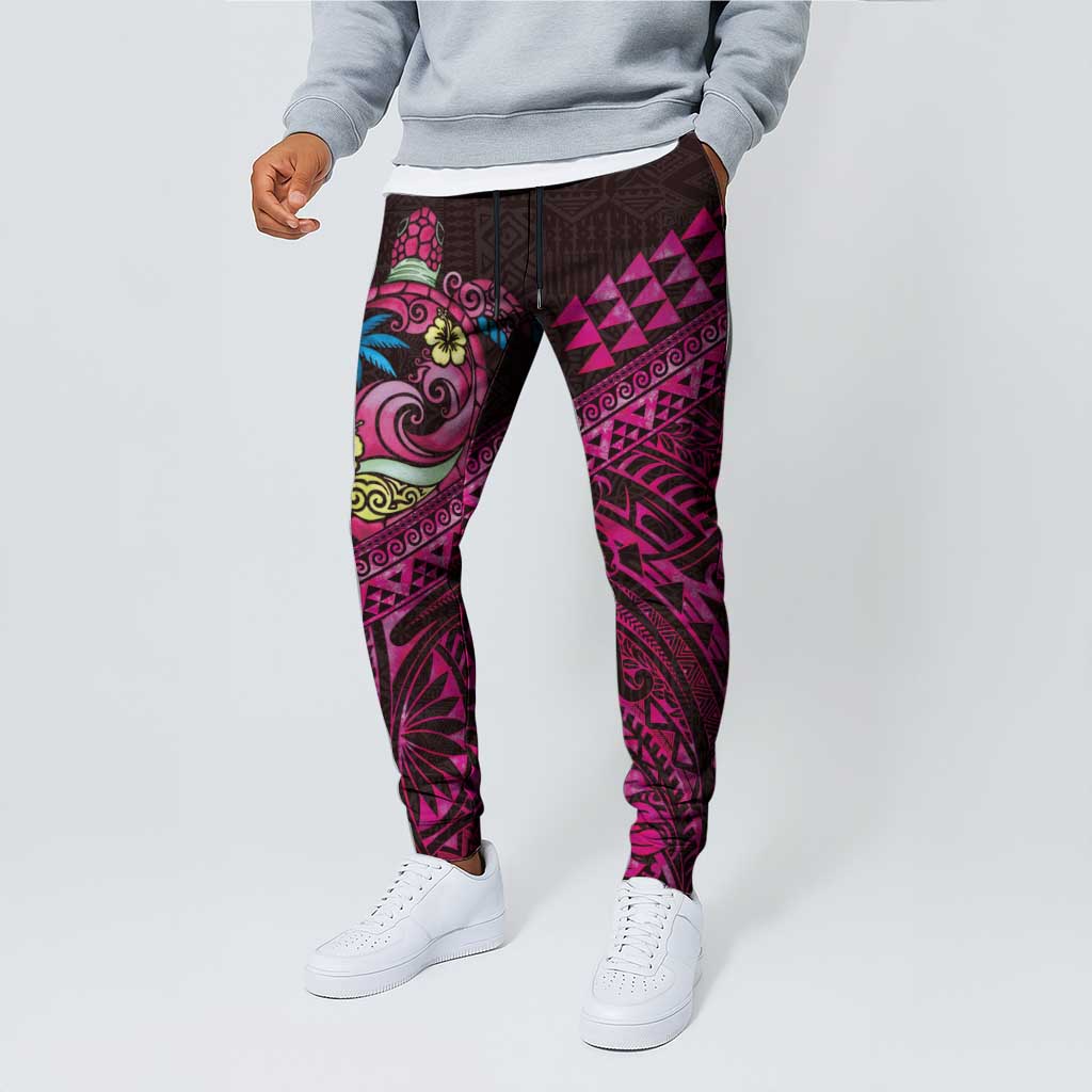 Hawaiian Abstract Sea Turtle Jogger Pants Polynesian Tapa Art and Kakau Tattoo Pink WaterColor - Polynesian Pride