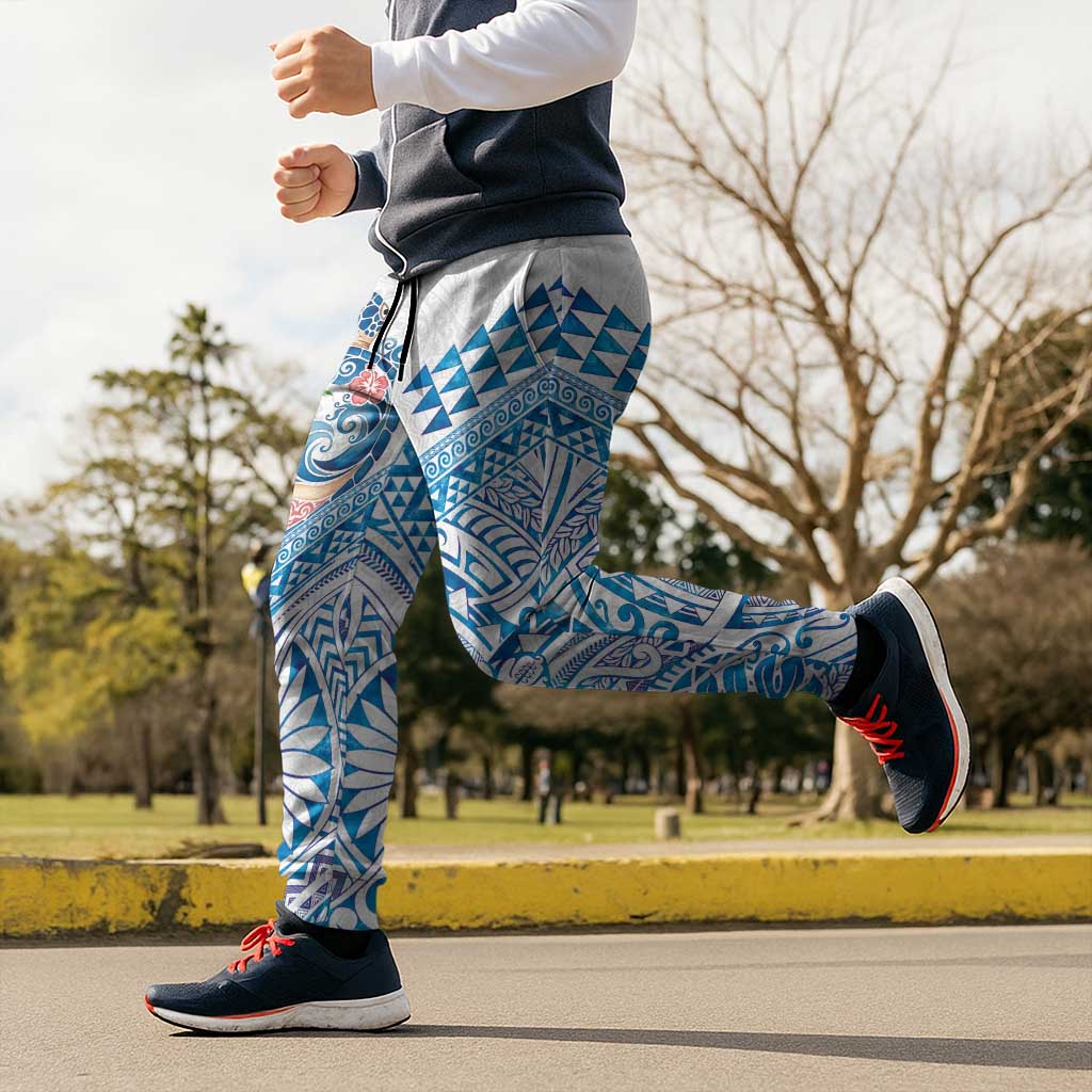 Hawaiian Abstract Sea Turtle Jogger Pants Polynesian Tapa Art and Kakau Tattoo White WaterColor - Polynesian Pride
