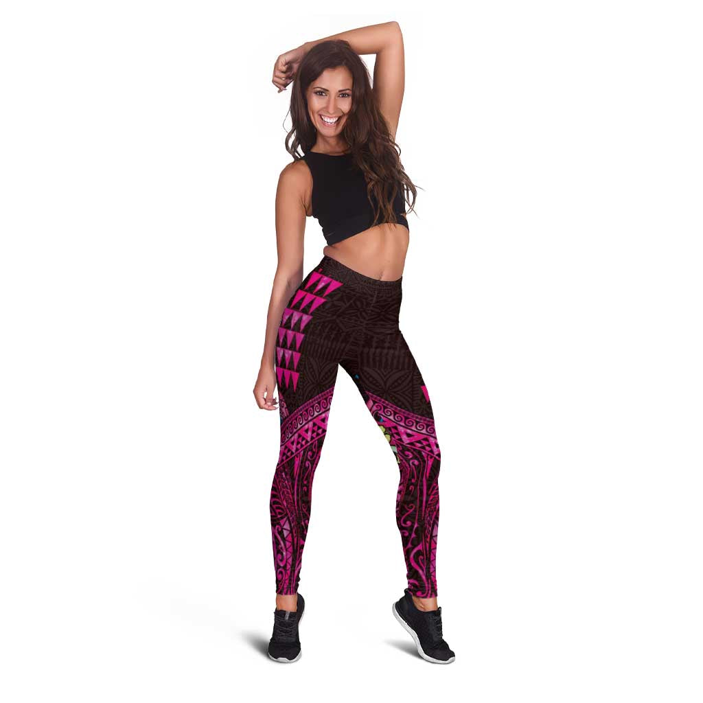 Hawaiian Abstract Sea Turtle Leggings Polynesian Tapa Art and Kakau Tattoo Pink WaterColor - Polynesian Pride