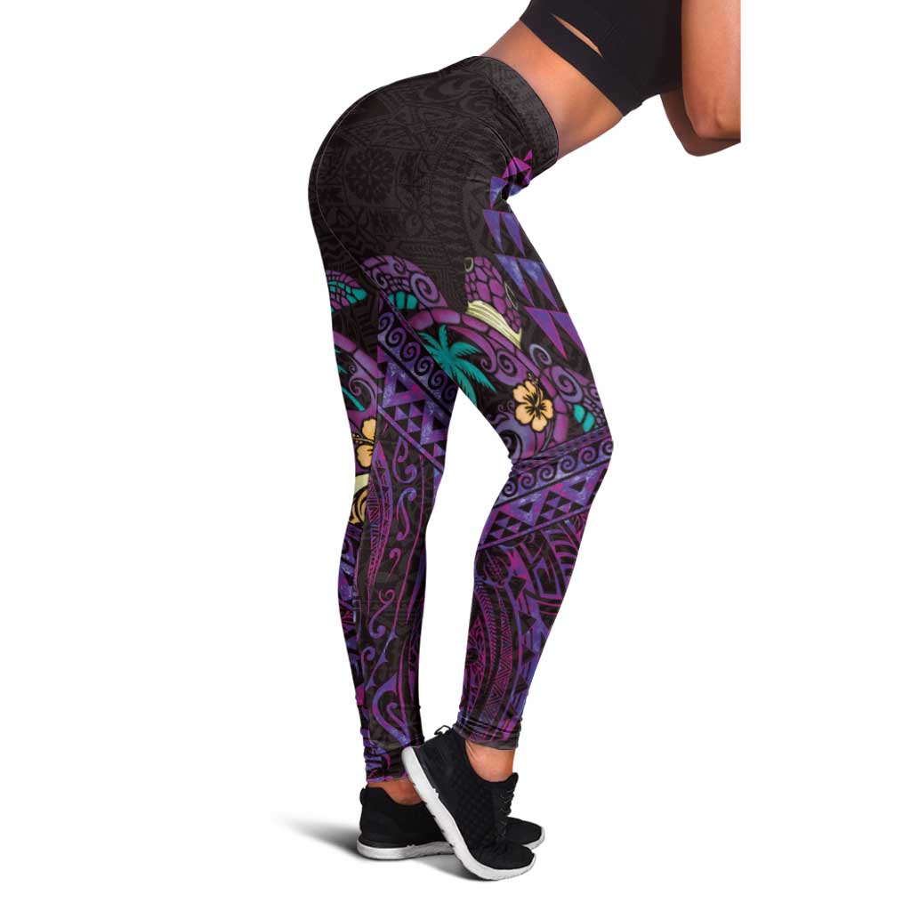 Hawaiian Abstract Sea Turtle Leggings Polynesian Tapa Art and Kakau Tattoo Purple WaterColor - Polynesian Pride