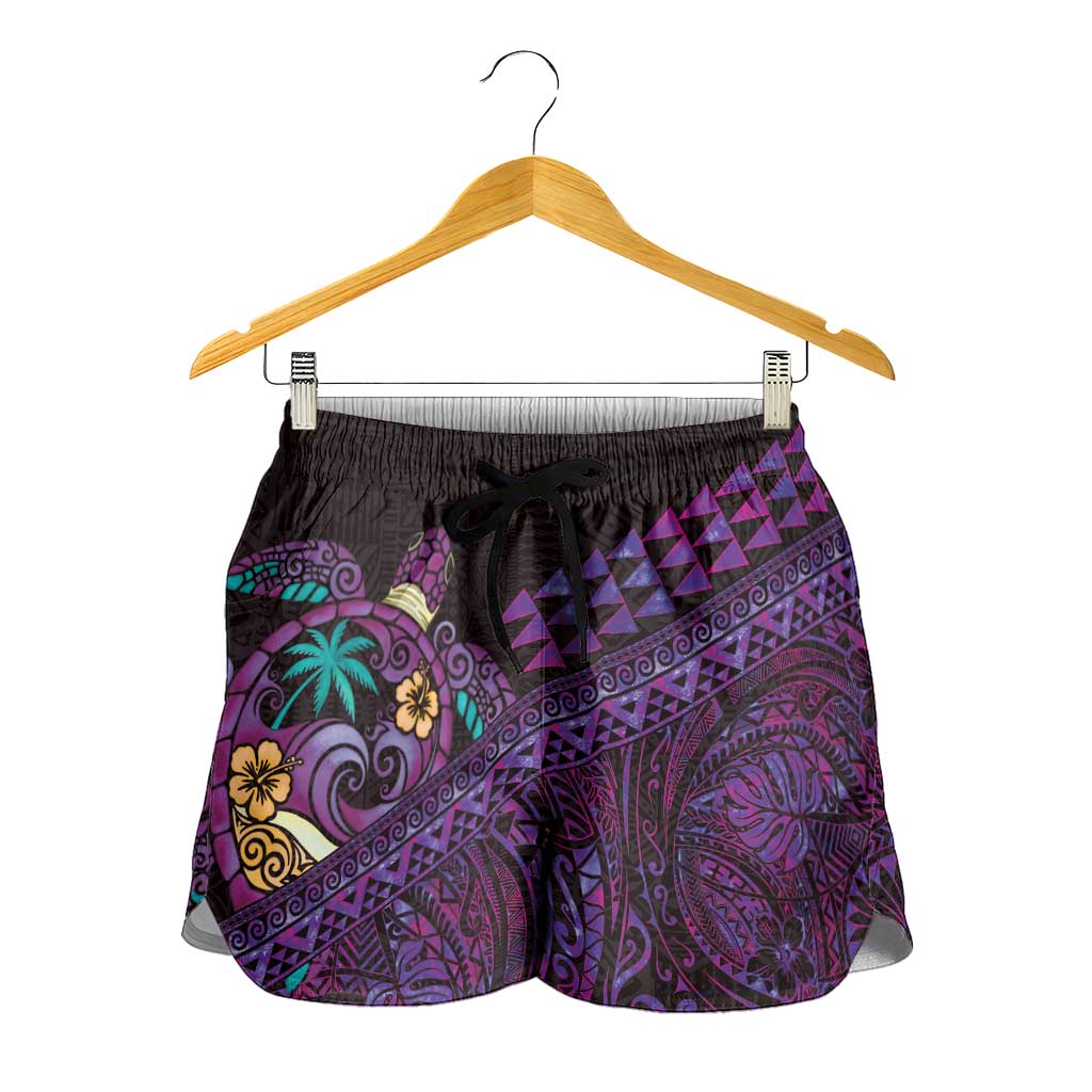 Hawaiian Abstract Sea Turtle Shorts for Women Polynesian Tapa Art and Kakau Tattoo Purple WaterColor LT03 - Polynesian Pride