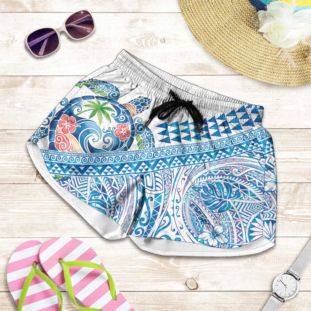 Hawaiian Abstract Sea Turtle Shorts for Women Polynesian Tapa Art and Kakau Tattoo White WaterColor LT03 White - Polynesian Pride