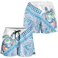 Hawaiian Abstract Sea Turtle Shorts for Women Polynesian Tapa Art and Kakau Tattoo White WaterColor LT03 - Polynesian Pride